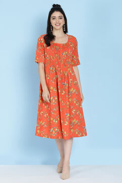 Coral Cotton Flax A-line Printed Kurta Dress image number 0