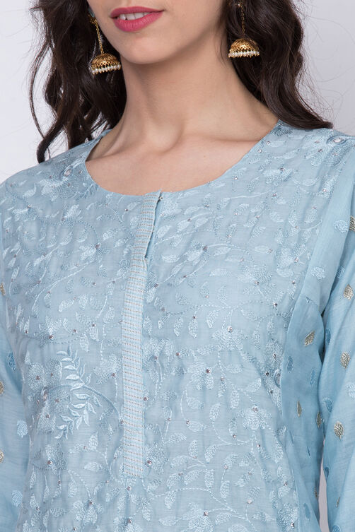 Blue Cotton Silk Straight Kurta Churidar Suit Set image number 1
