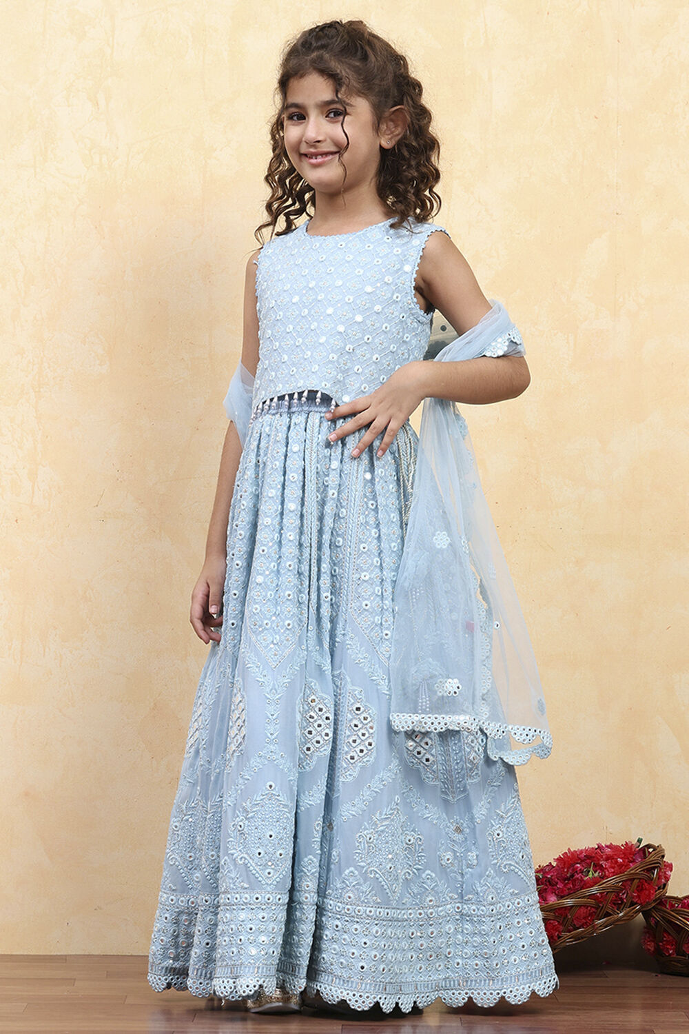 Blue Viscose Embroidered Kalidar Lehenga Set image number 3