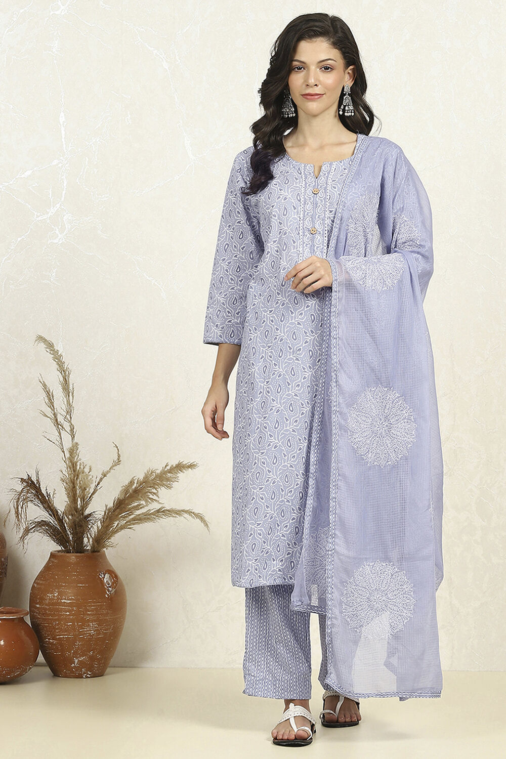 Light Blue Cotton Printed Unstitched Suit Set image number 7