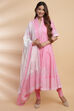Light Pink Cotton Flared Kurta Churidar Suit Set