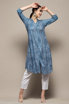 Blue Gathered Printed Straight Kurta image number 0