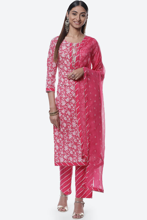 Pink Cotton Screen Print Unstitched Suit Set image number 0