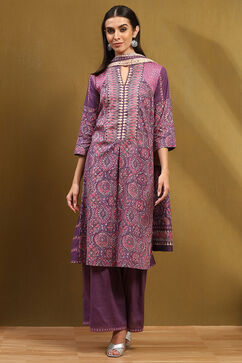Purple Cotton Printed A-Line Suit Set image number 2