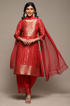 Rust Viscose & Metallic Straight Kurta Palazzo Suit Set image number 0