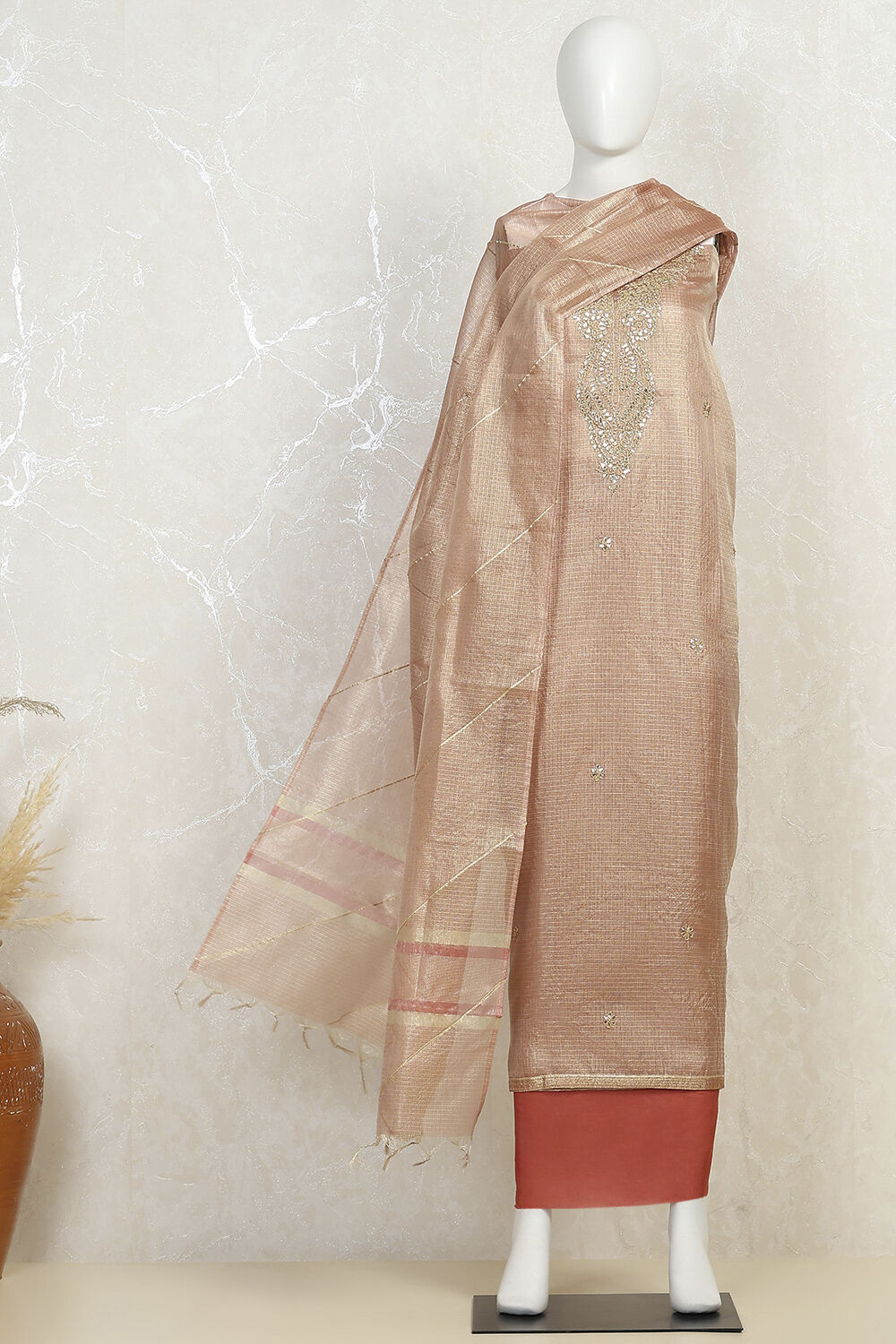 Peach-Toned Tissue Embroidered Unstitched Suit Set image number 4