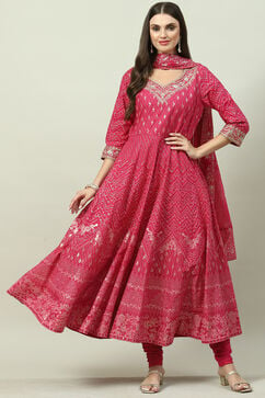 Pink Cotton Anarkali Kurta Churidar Suit Set image number 0