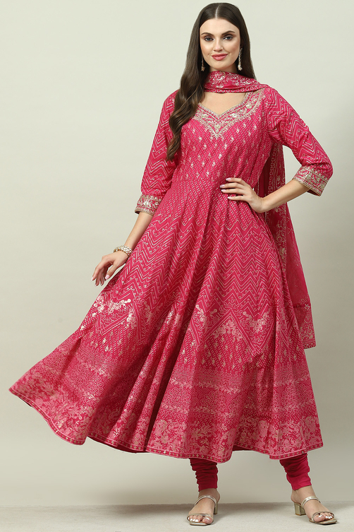Pink Cotton Anarkali Kurta Churidar Suit Set1