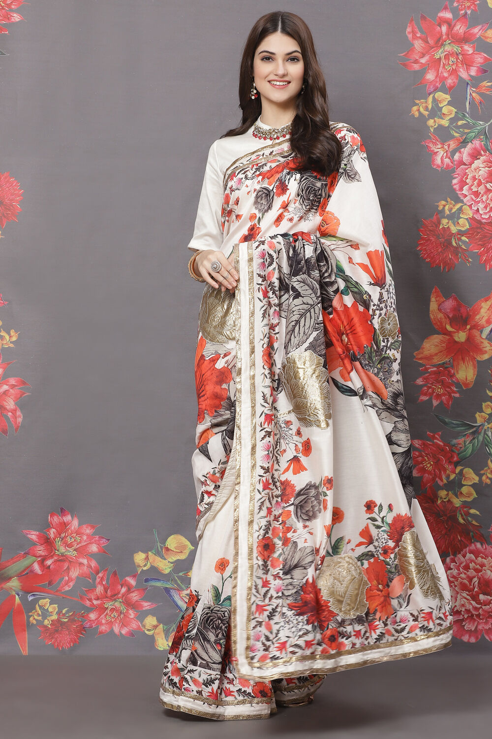 Buy Rohit Bal Off White Cotton Silk Printed Saree Saree Blouse