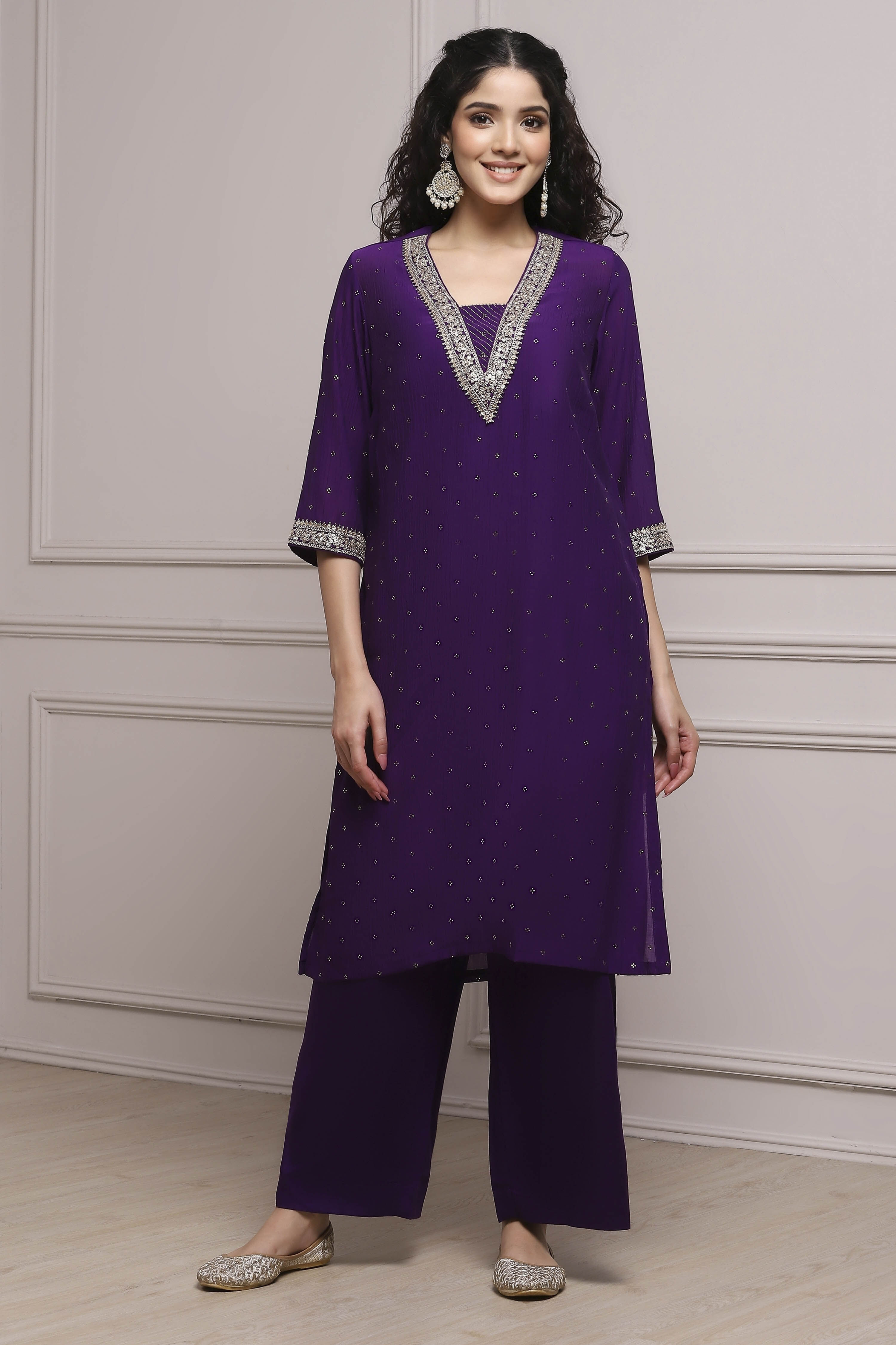 Purple Art Silk Straight Kurta Pants Set image number 6