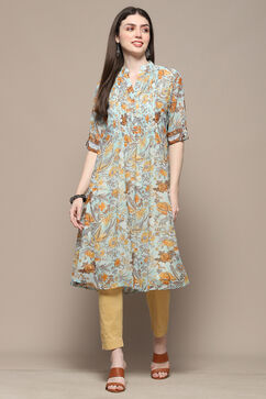 Yellow Teal Polyester Straight Kurta image number 5