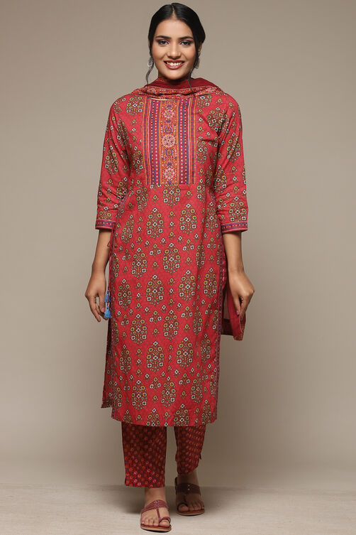 Cherry Cotton Straight Kurta Pants Suit Set image number 7