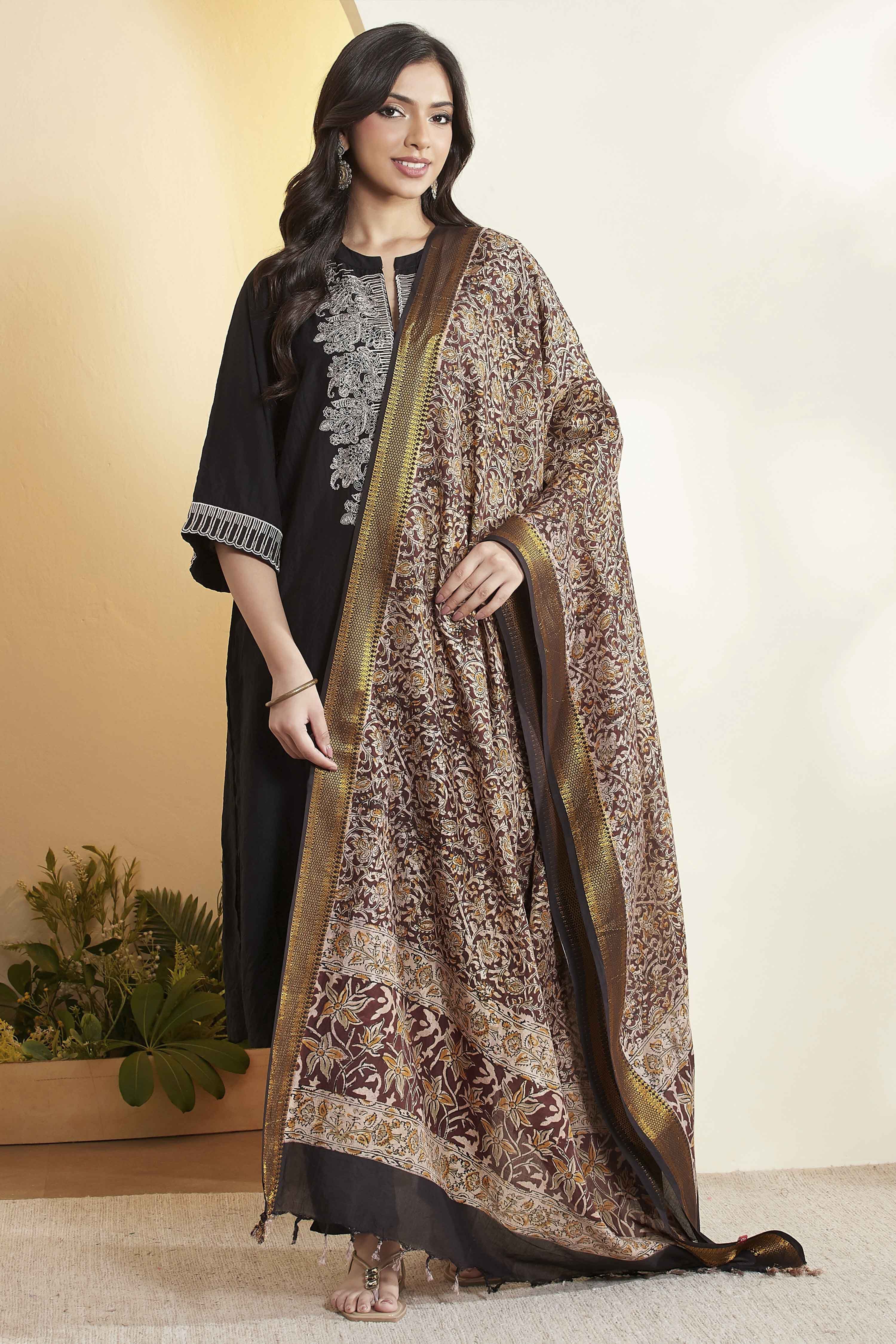Maroon Chennur Silk Floral Printed Dupatta image number 0