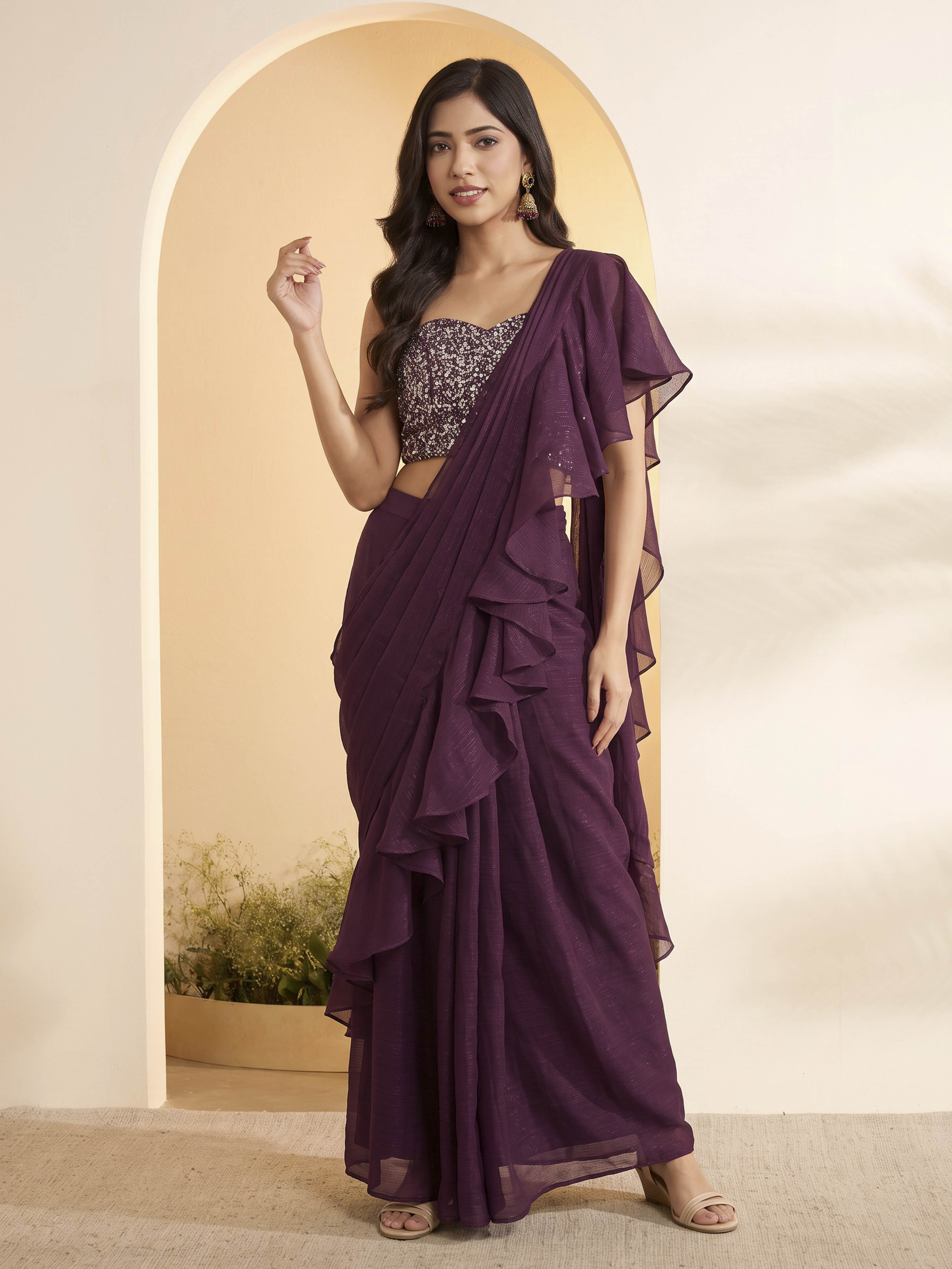 Wine Nylon Gathered Saree image number 0