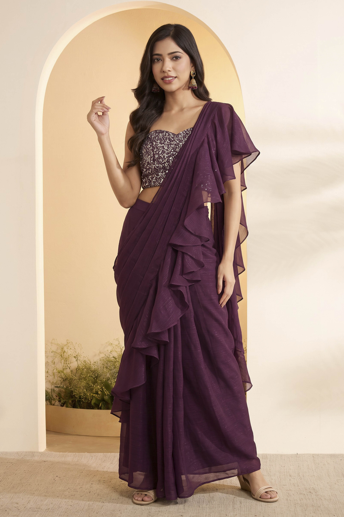 Wine Nylon Gathered Saree