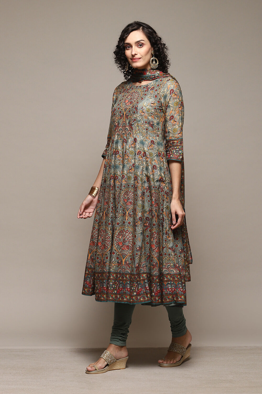 Sap Green Cotton Anarkali Kurta Churidar Suit Set image number 5