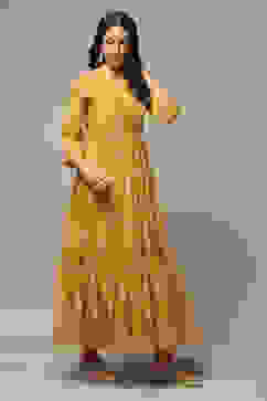 Golden Yellow Cotton Blend Tiered Printed Dress image number 4