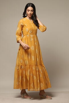 Golden Yellow Cotton Blend Tiered Printed Dress image number 4