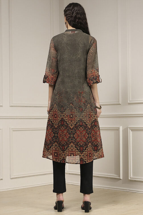 Charcoal and Rust Printed Pleated A-Line Kurta image number 3