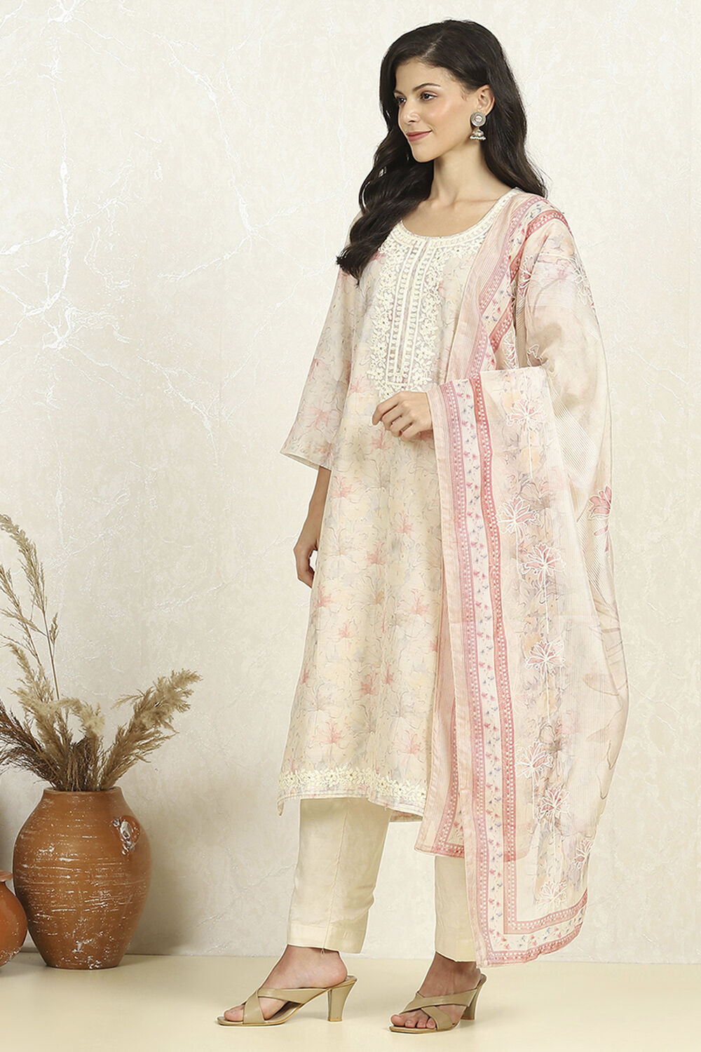 Light Pink Chanderi Unstitched Suit Set image number 4