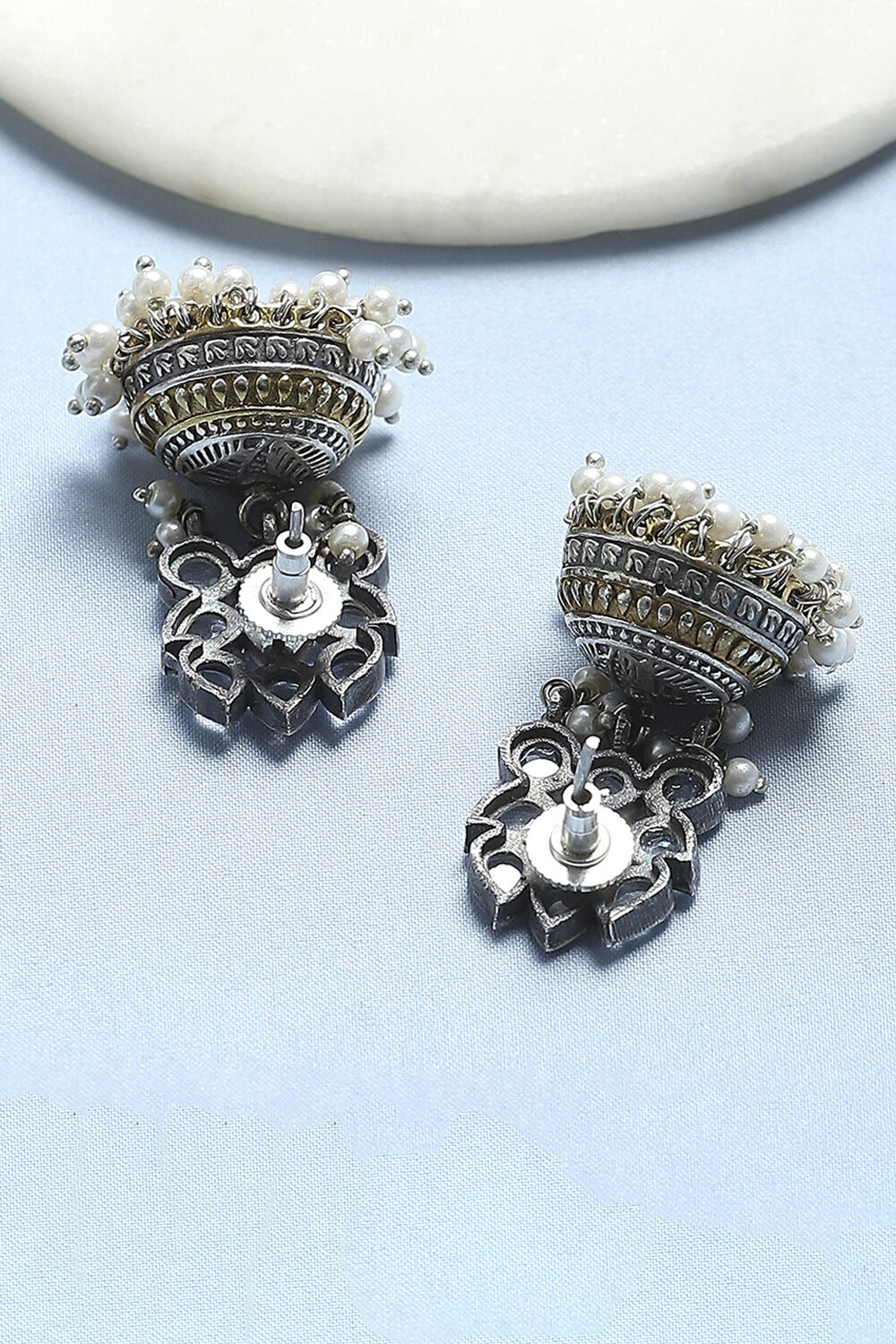 White Stone-Studded Oxidised Jhumkas image number 2