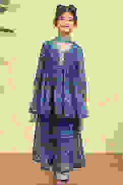 Blue Polyester Printed Gathered Sharara Suit Set image number 6