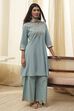 Dull Blue Cotton Embroidered Kalidar Suit Set image number 7