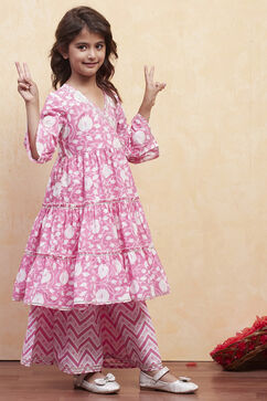 Pink Cotton Angrakha Tiered Kurta Set image number 5