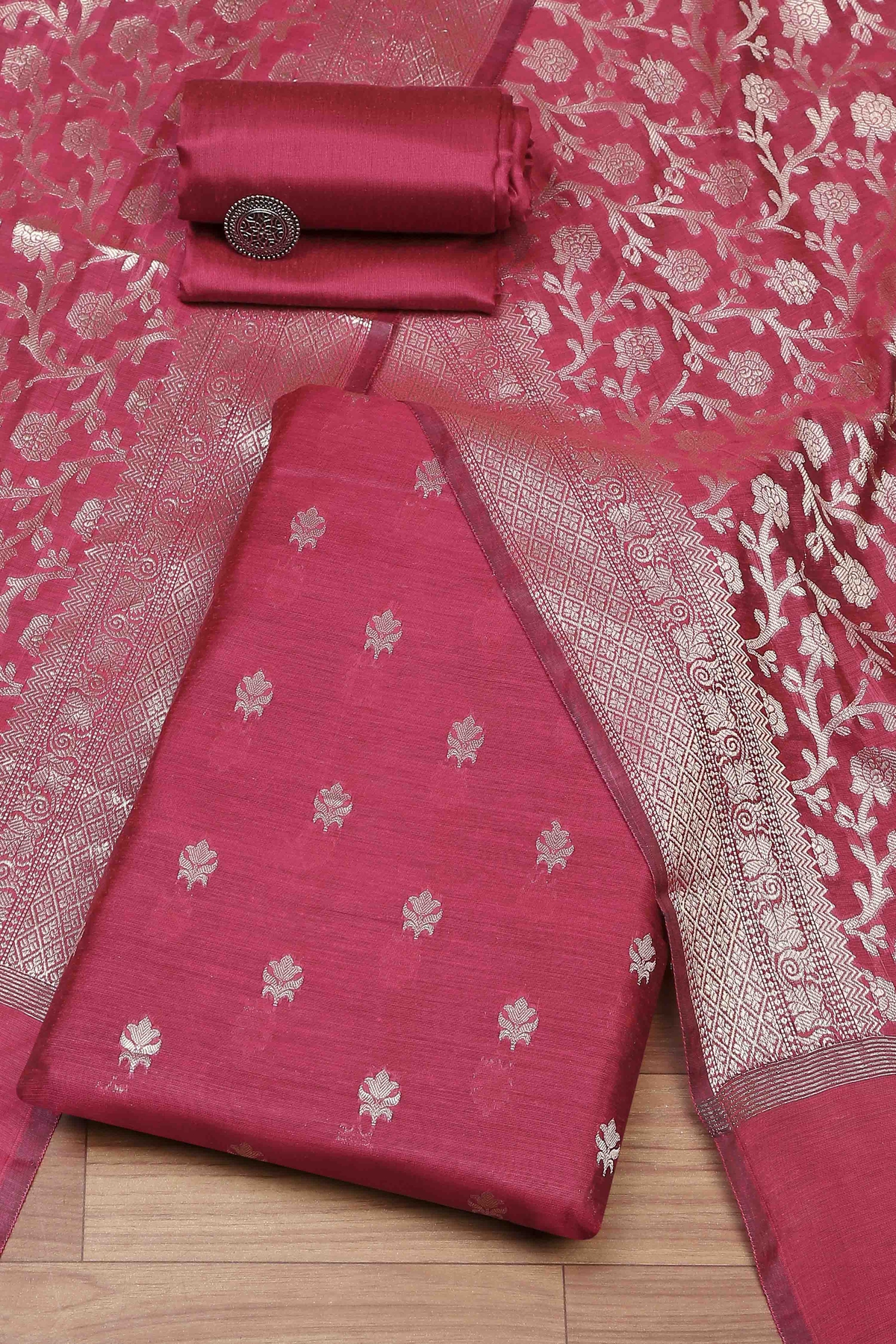 Pink Cotton Printed Embroidered Unstitched Suit Set