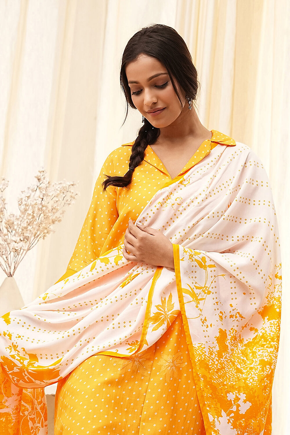 Yellow Bandhani Printed A-Line Suit Set image number 7