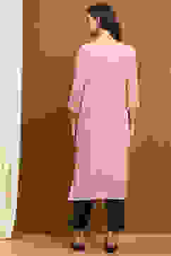 Beige Cotton Blend Solid Straight Kurta image number 3