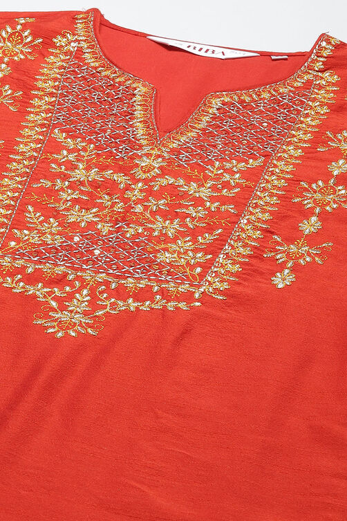 Terracotta Poly Cotton Straight Kurta Slim Pant Suit Set image number 1