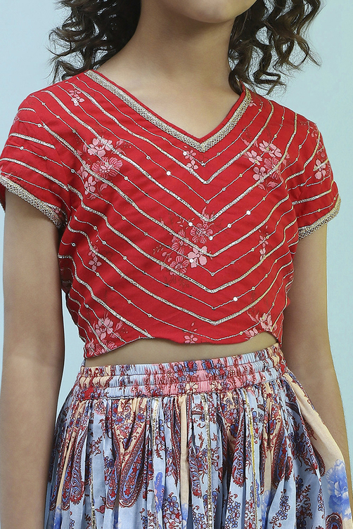 Red Cotton Printed Flared Lehenga Set image number 1