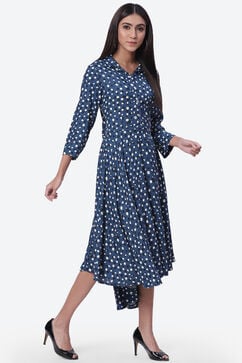 Blue Rayon Asymmetric Printed Dress image number 3