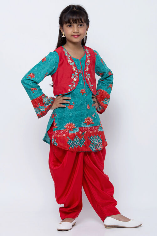 Turquoise And Red Cotton Straight Kurta Dhoti Salwar Suit Set image number 2