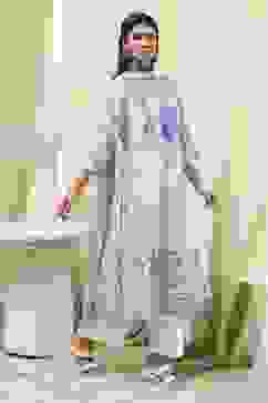 Off-White and Blue Cotton Floral Kalidar Suit Set image number 5