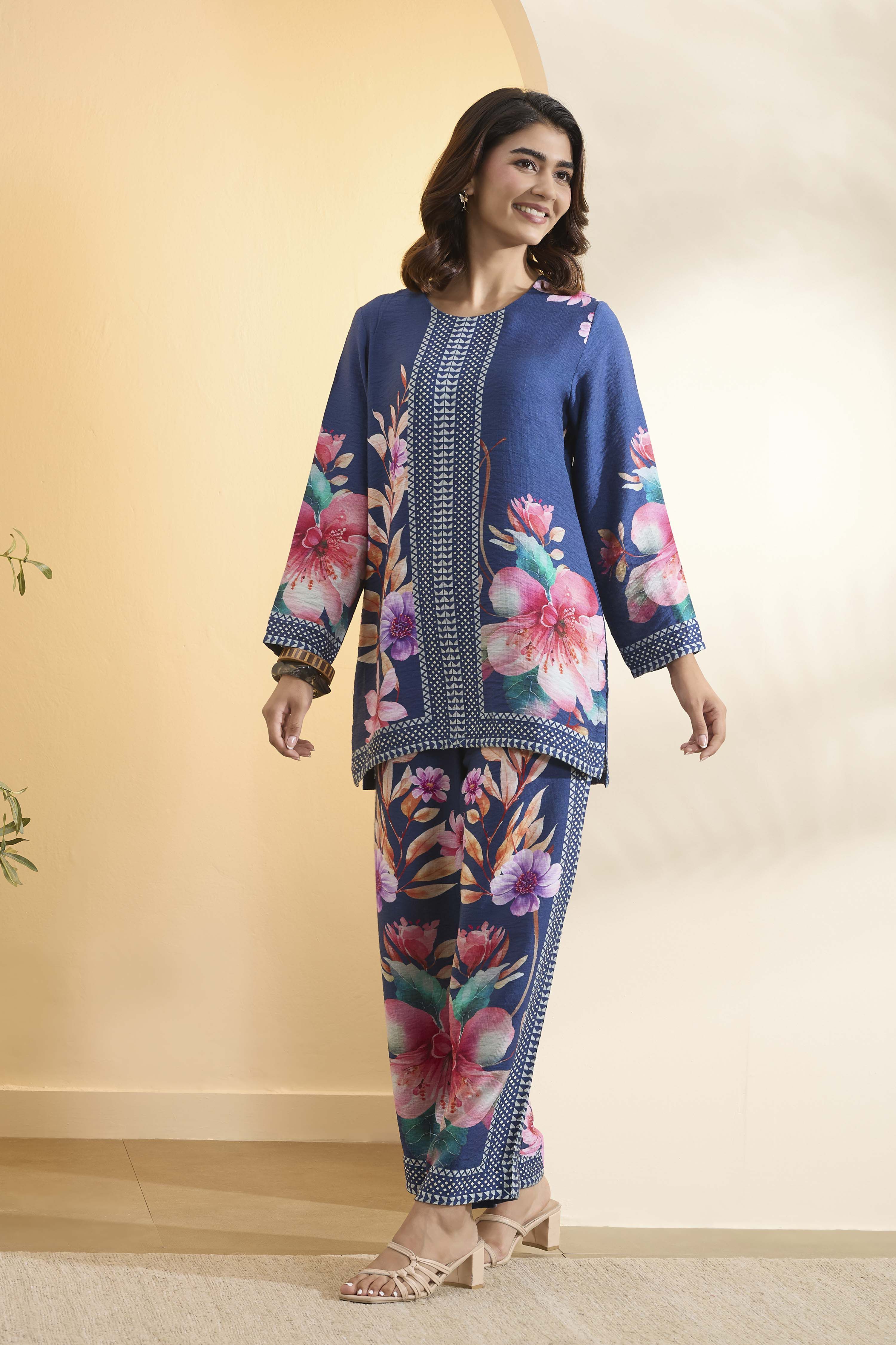 Blue Nylon Viscose Floral Printed Co-ord Set image number 3