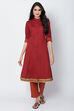 Red Cotton Flax Front Open Kurta Pant Suit Set image number 2