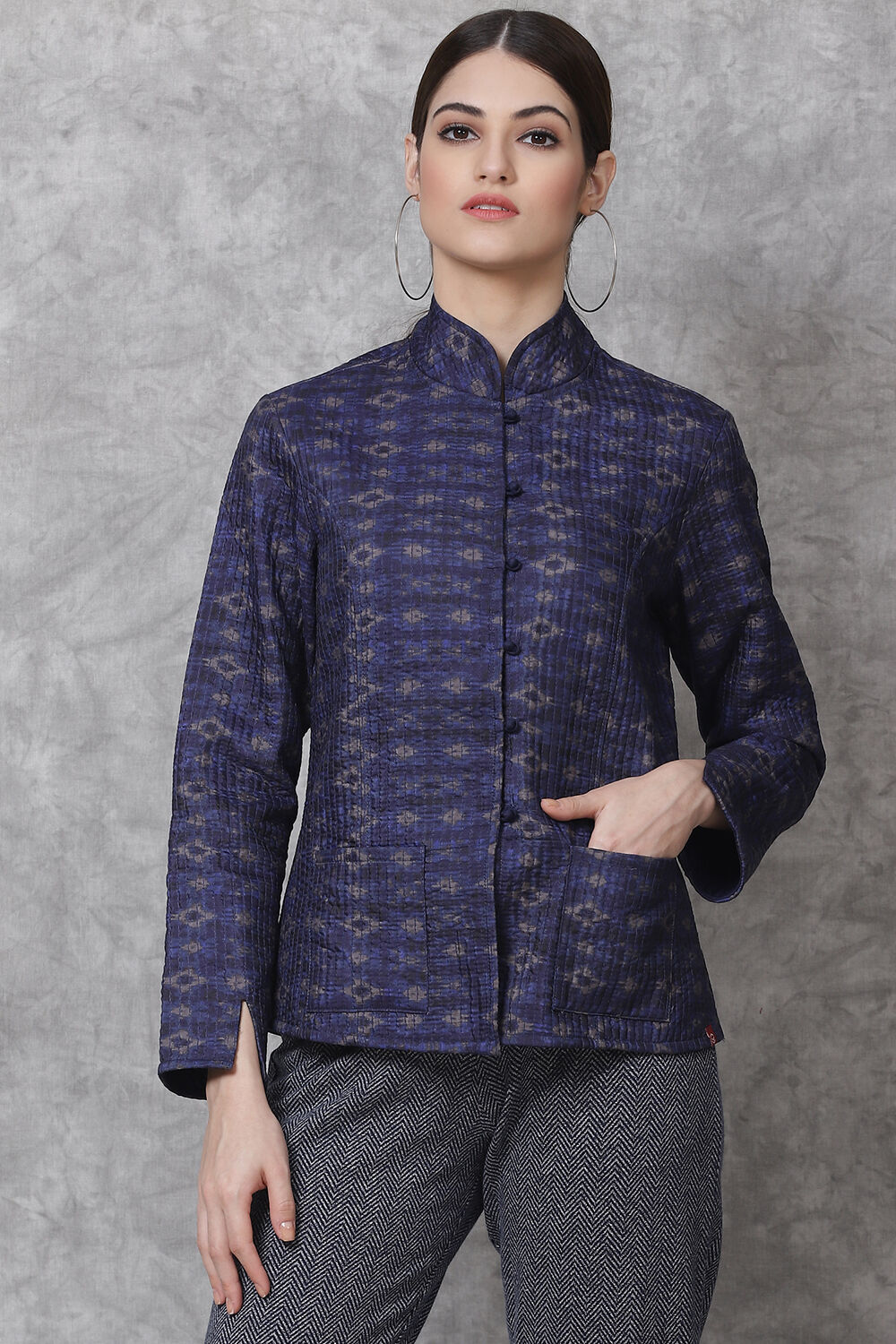 Blue Straight Art Silk Printed Jacket