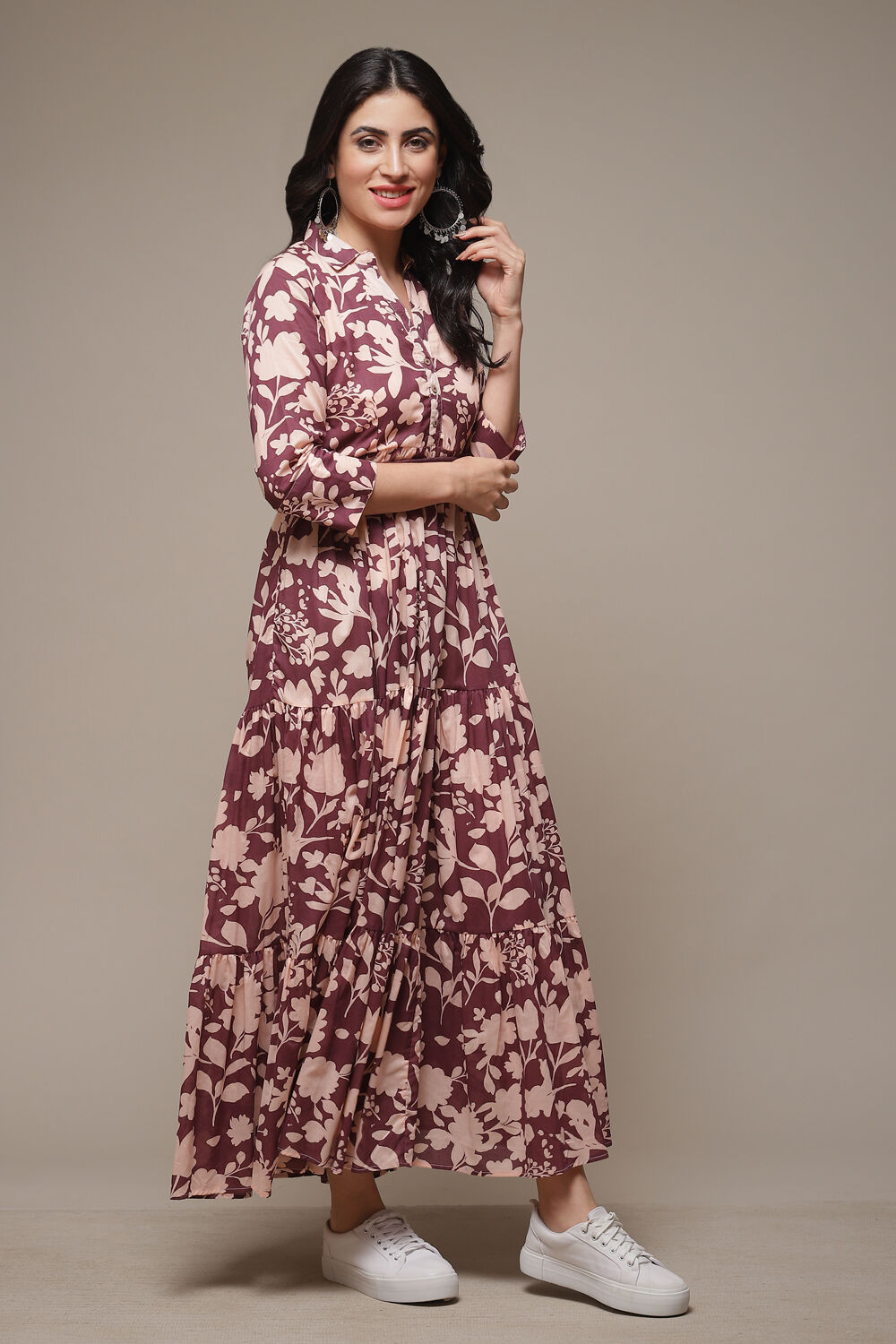 Beige Cotton Tiered Printed Dress image number 4