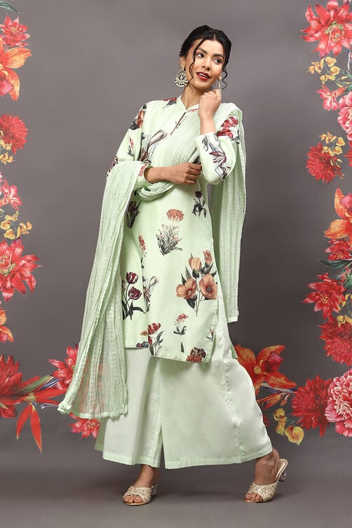 Rohit Bal Mint Green Cotton Blend Straight Kurta Suit Set image number 0