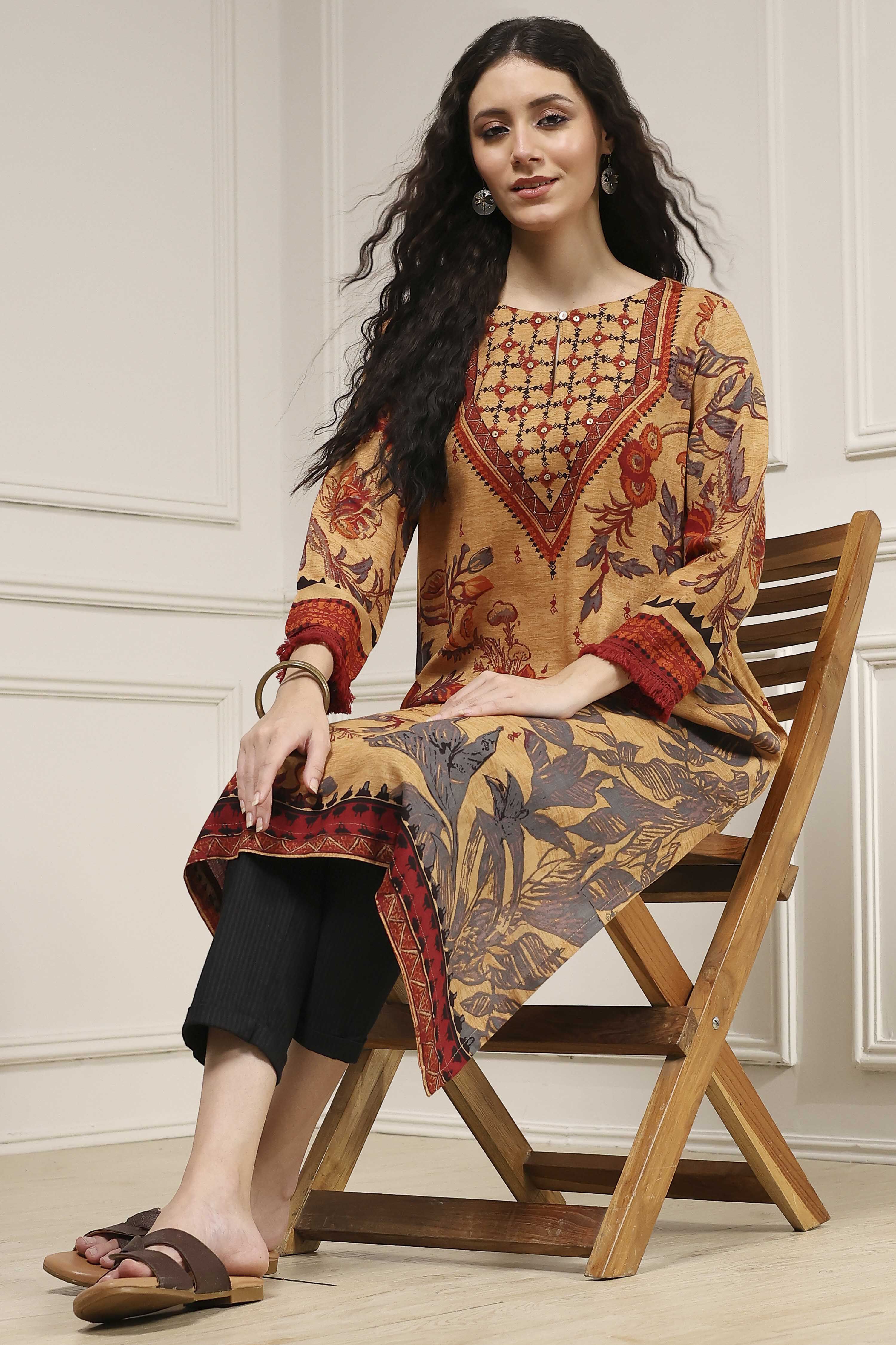 Beige Printed Straight Kurta image number 0