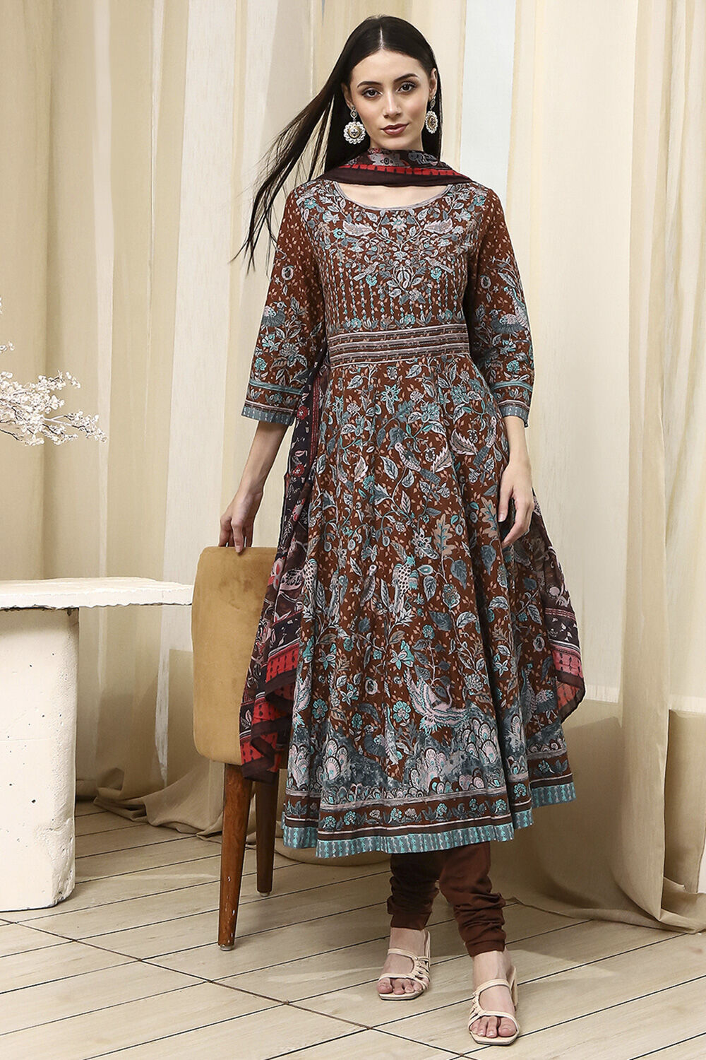 Brown Cotton Fitted Anarkali Suit Set image number 0