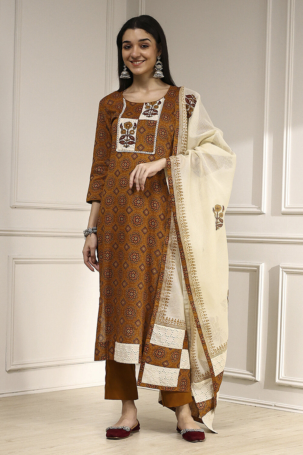 Maroon Cotton Hand Embroidered Unstitched Suit Set image number 1