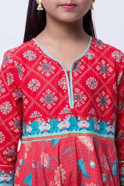 Red And Turquoise Cotton Anarkali Kurta Churidar Suit Set image number 1