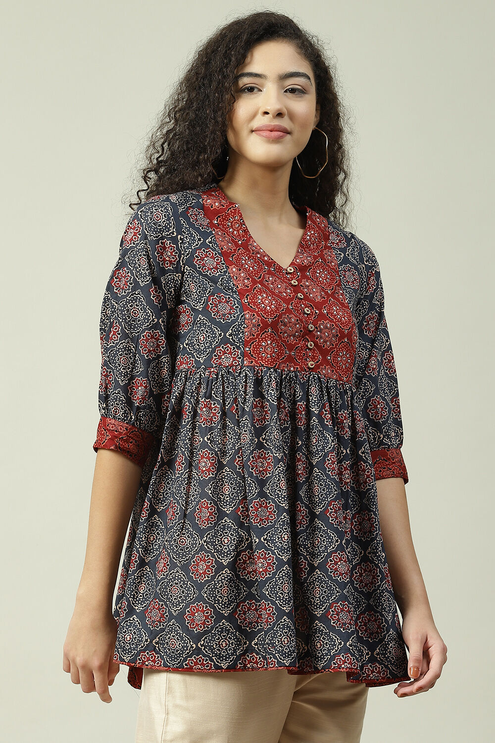 Blue Cotton Flared Printed Short Kurti at Biba India