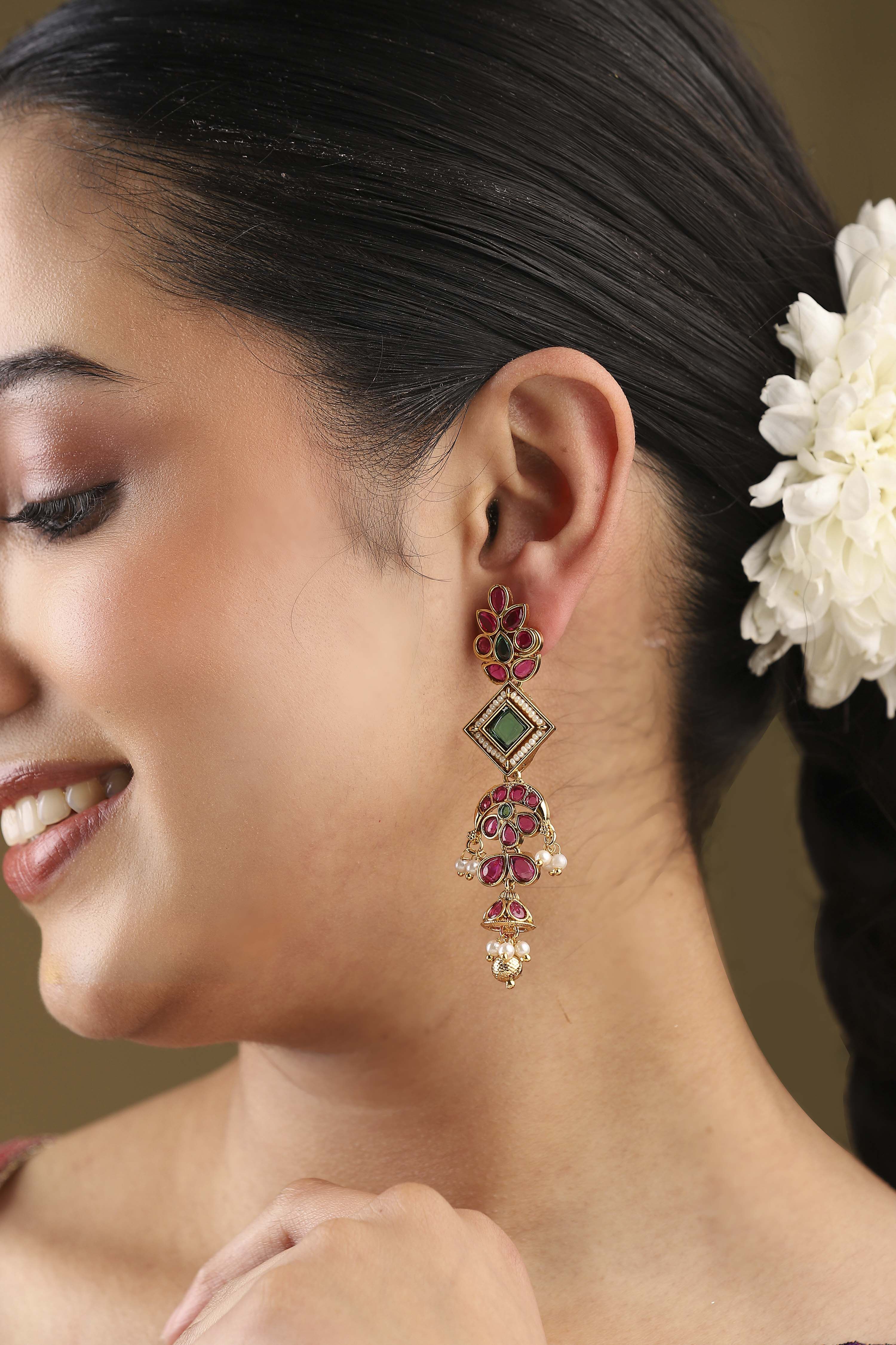 Multicolour Gold Plated Brass Stone Studded Drop Earrings image number 1