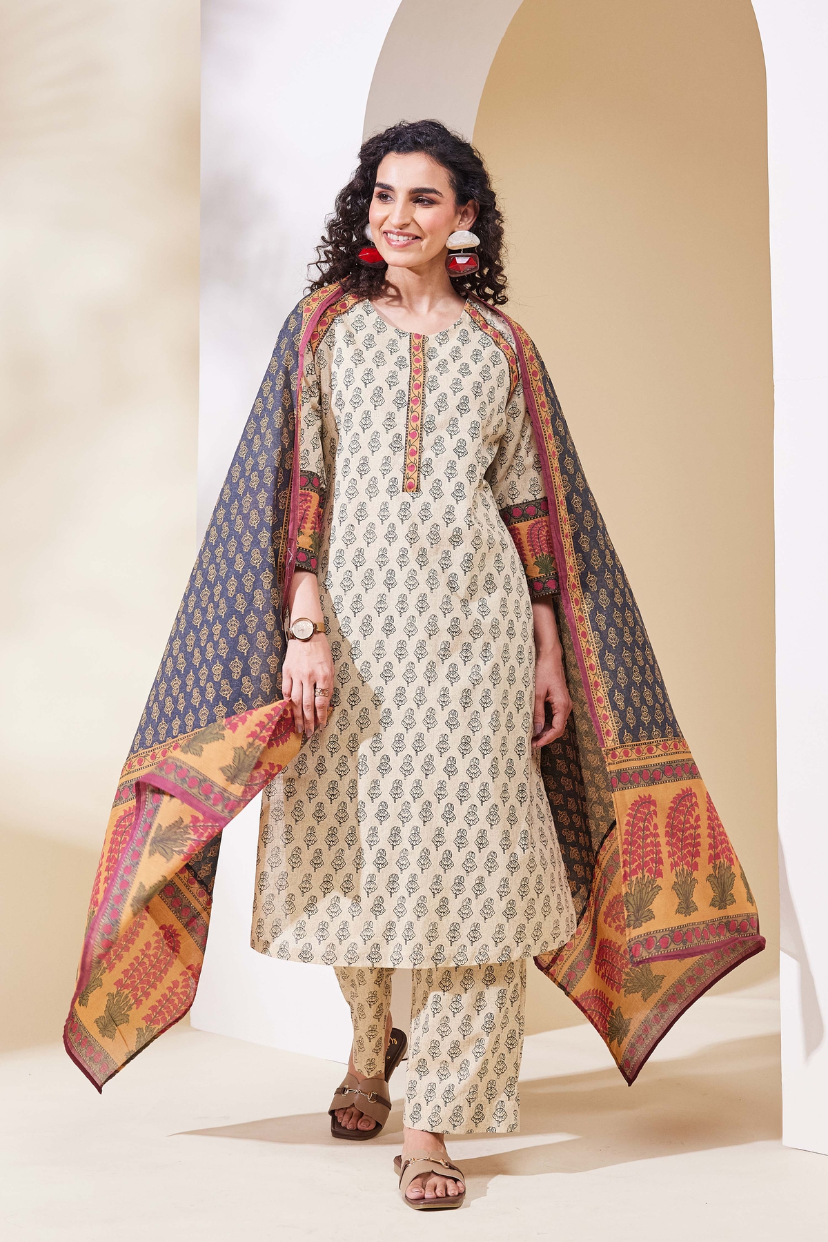 Beige Cotton Straight Suit Set