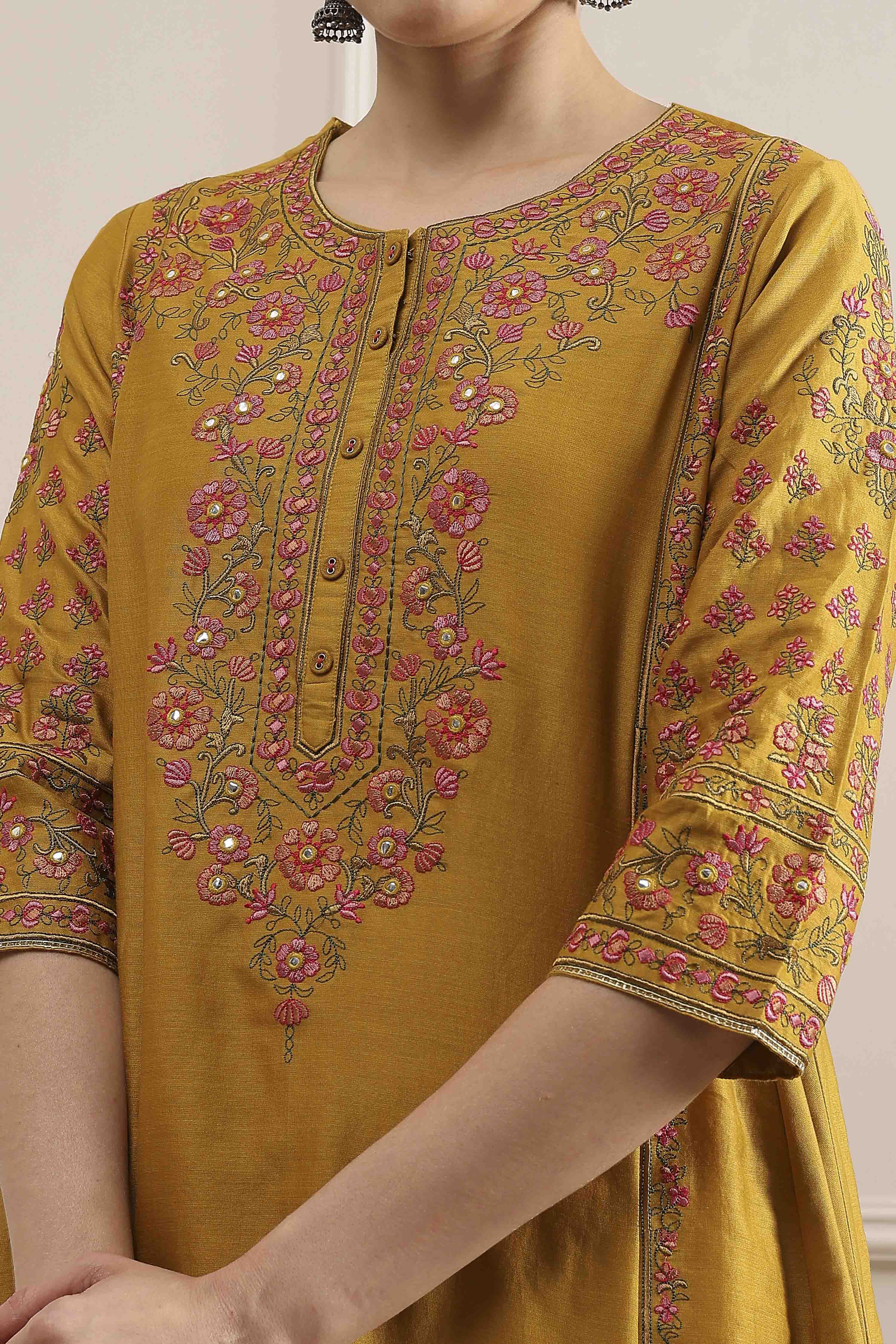 Mustard Yellow Cotton Embroidered Kalidar Suit Set image number 1