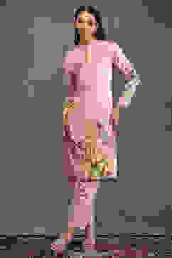 Rohit Bal Light Pink Silk Chanderi Floral Straight Kurta Set image number 0